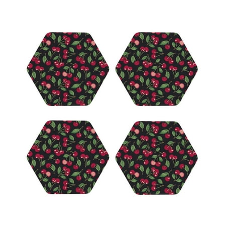 

Honeii Ripe Red Cherry Print Leather Coaster Set of 4 Ideal for Safeguarding Your Furniture from Drinks Spills and Effortless Cleanup-Hexagon