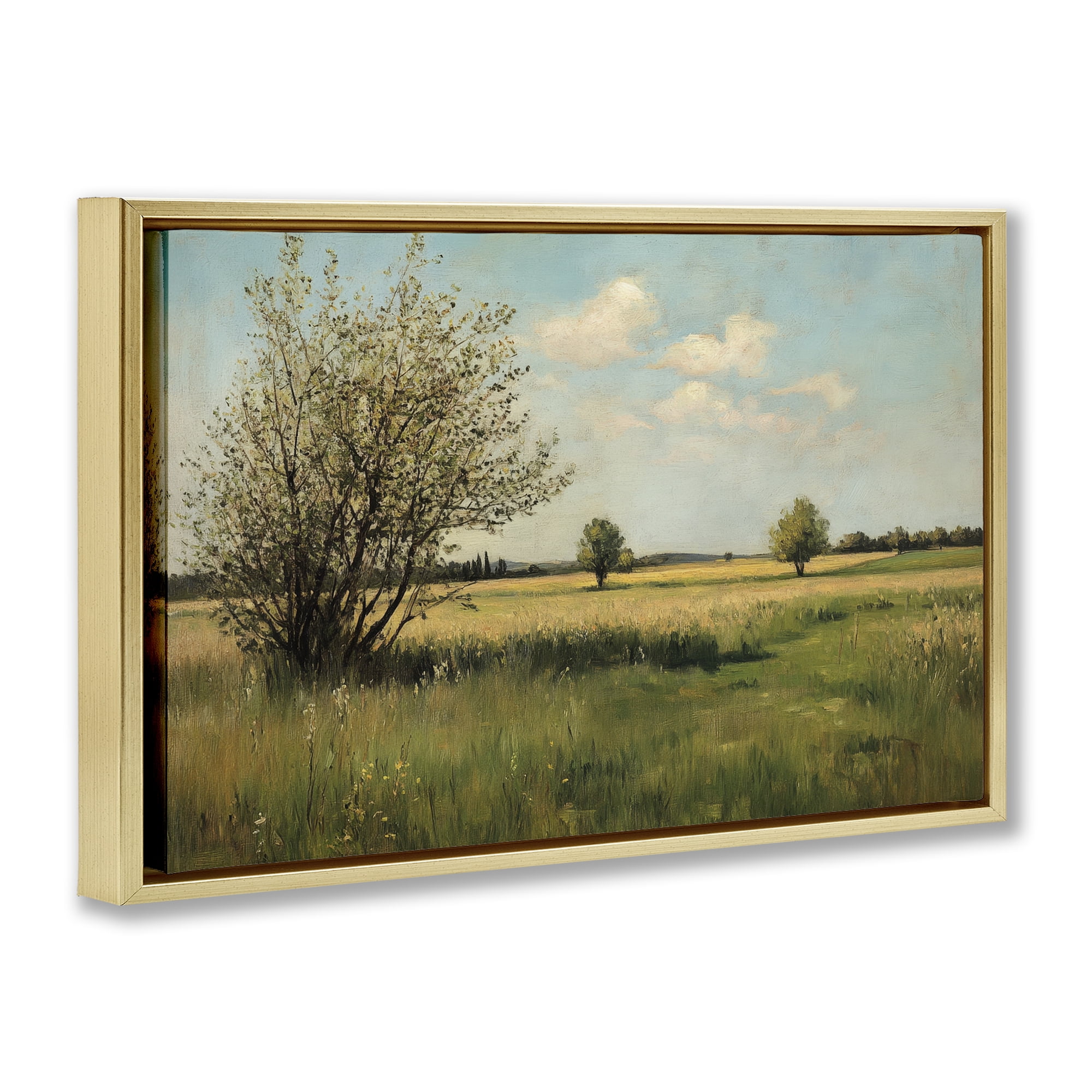 Stupell Industries Peaceful Meadow Under Serene Sky Gold Framed Floater Canvas Wall Art, design by Petal Prints Design