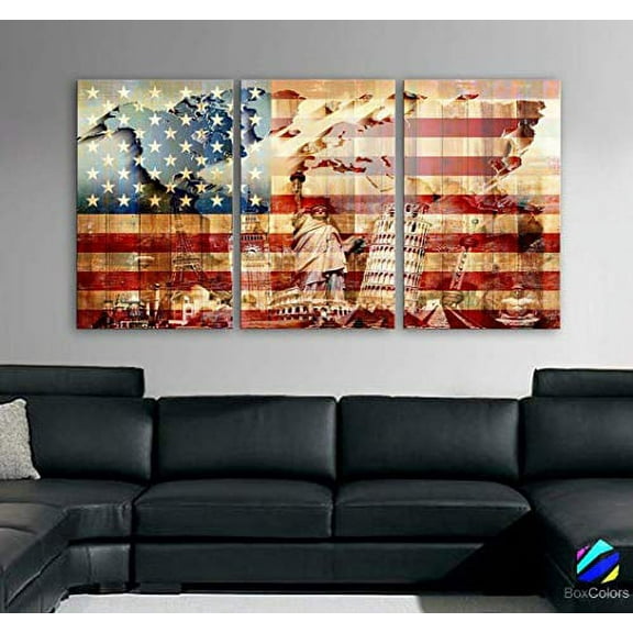 Original by BoxColors Large 30"x 60" 3 Panels 30x20 Ea Art Canvas Print American USA flag Glory Wonders Statue of Liberty Wall decor Home interior (framed 1.5" depth)
