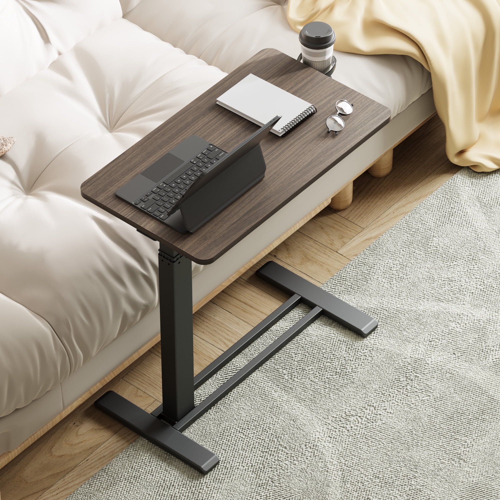 FitStand Height Adjustable Medical Bed Table with Hidden Casters, Rolling Laptop Desk with Cup Holder, Small Pneumatic Sit Stand Desk for Home Office, Sofa or Bedside Use, 28"x16", Walnut