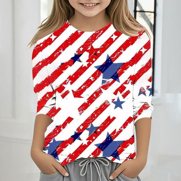 MKOSPLRT USA Flag Tee Shirt for Kid 3-12 Years 3/4 Sleeve Crew Neck Red White and Blue Shirts Happy Independence Day Tees for Girl Boy