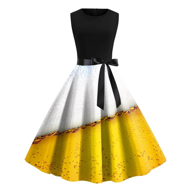 LOVZFMLL Robes Femmes Imprimé Rétro Patchwork Sans Manches Soirée Col Rond Fermeture Éclair Soirée Bal Robe Vintage