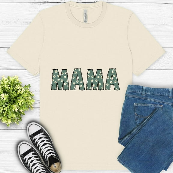 Floral Mama T-Shirt, Daisy Print Block Letter Graphic Tee for Women, Natural, S