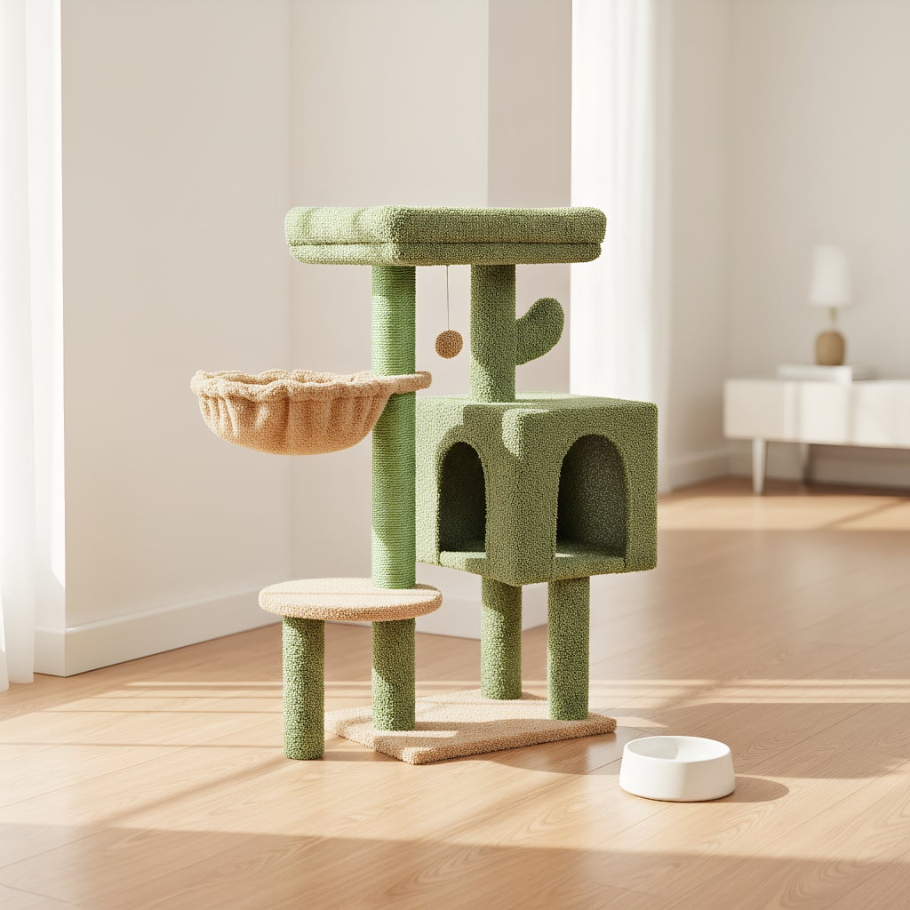 Pefilos 35.4" Cactus Cat Tree Tower for Indoor Cats w/Large Top Bed, Comfy Hammock for Kittens, Cat Scratching Post and Dangling Ball, Green