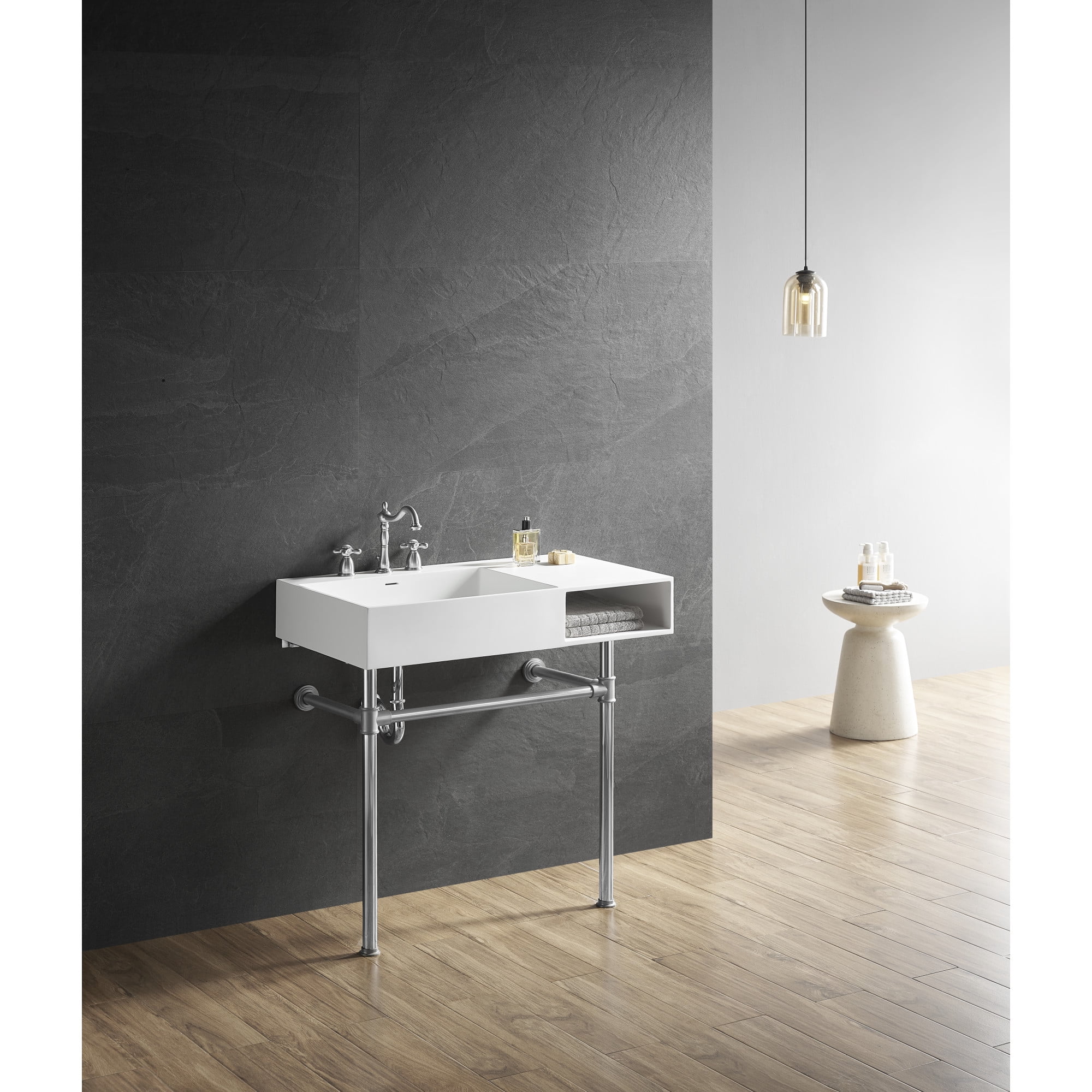Kingston Brass KVPB3368SQA1 Aurelius 36-Inch Solid Surface Console Sink with Stainless Steel Legs (8-Inch, 3-Hole) in Matte White/Polished Chrome