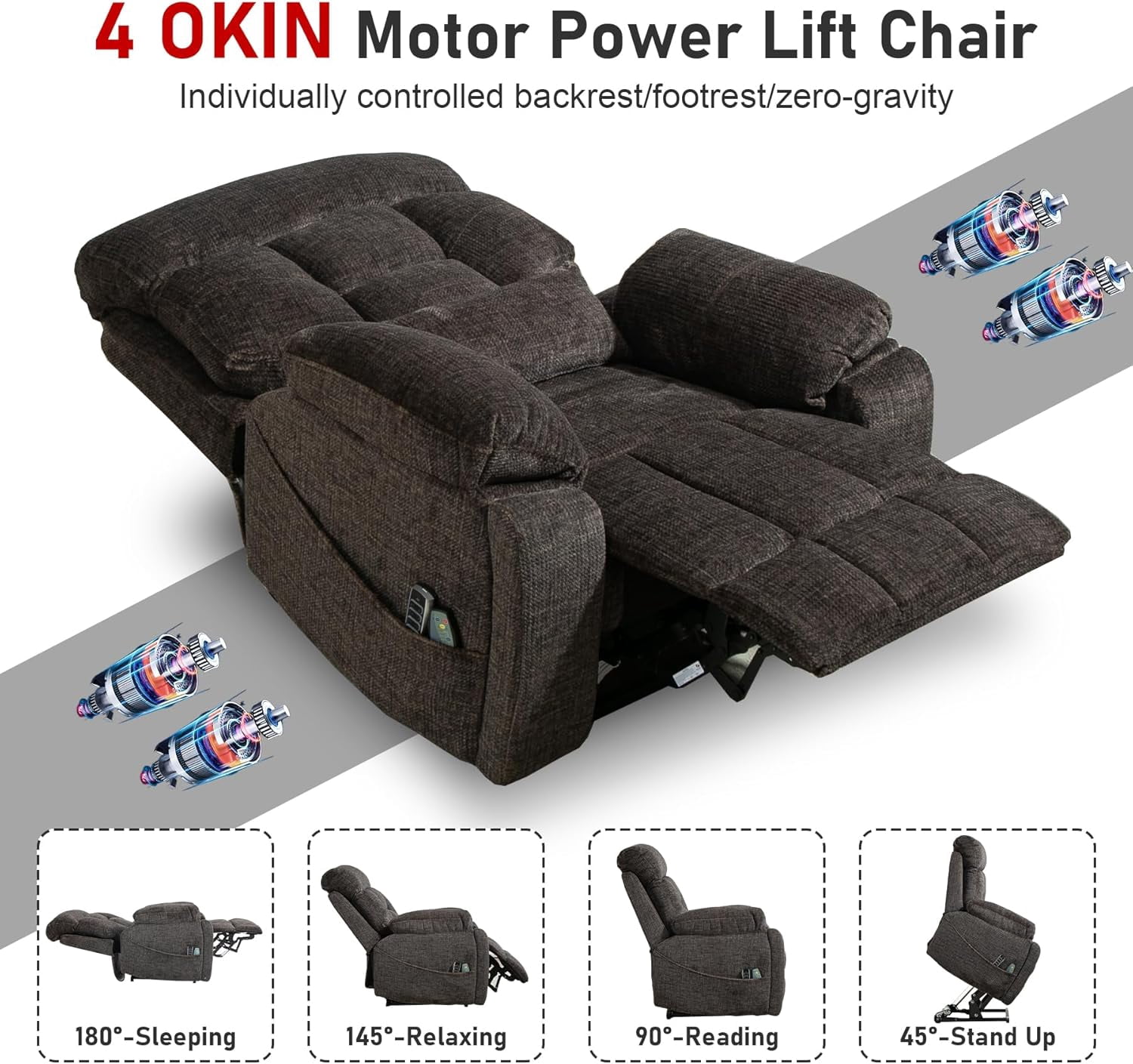 REHOUSING Adult Chenille Living Room Lay Flat Power Lift and Heat and Massage Recliner, Black