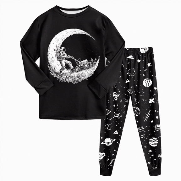 Xudanell Boys 100% Cotton Pajamas for Kids 2 Piece Long Sleeve PJs Space Sleepwear for Toddler(Black,6-7 Years)