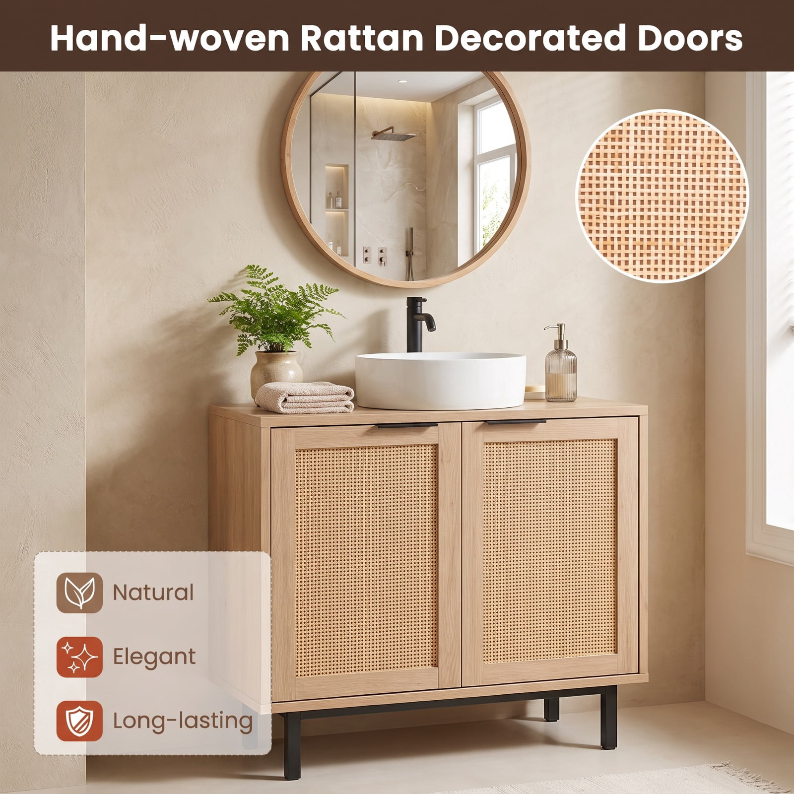 Vebreda Freestanding Bathroom Storage Cabinet, Bathroom Vanity Cabinet with U-Shaped Cut-Out 2 Rattan Doors and Shelf, Hidden Sink Organizer