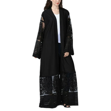 Women's Muslim Embroidery Lace Long Sleeve Casual Party Maxi Dress