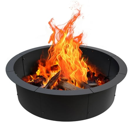 39" Fire Pit Ring for DIY Wood Burning Insert Campfire Firepit Rim Smokeless Fire Pit Liner with Collar Support for Patio, Backyard or Camping, Heavy Duty Metal Lasts Long Easy Assembly, Round, Black
