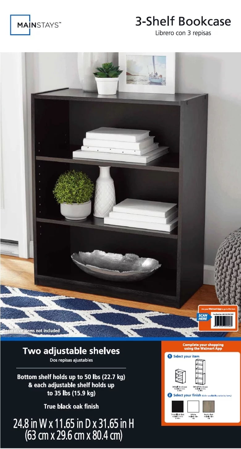 Mainstays 3 Shelf Bookcase with Adjustable Shelves True Black