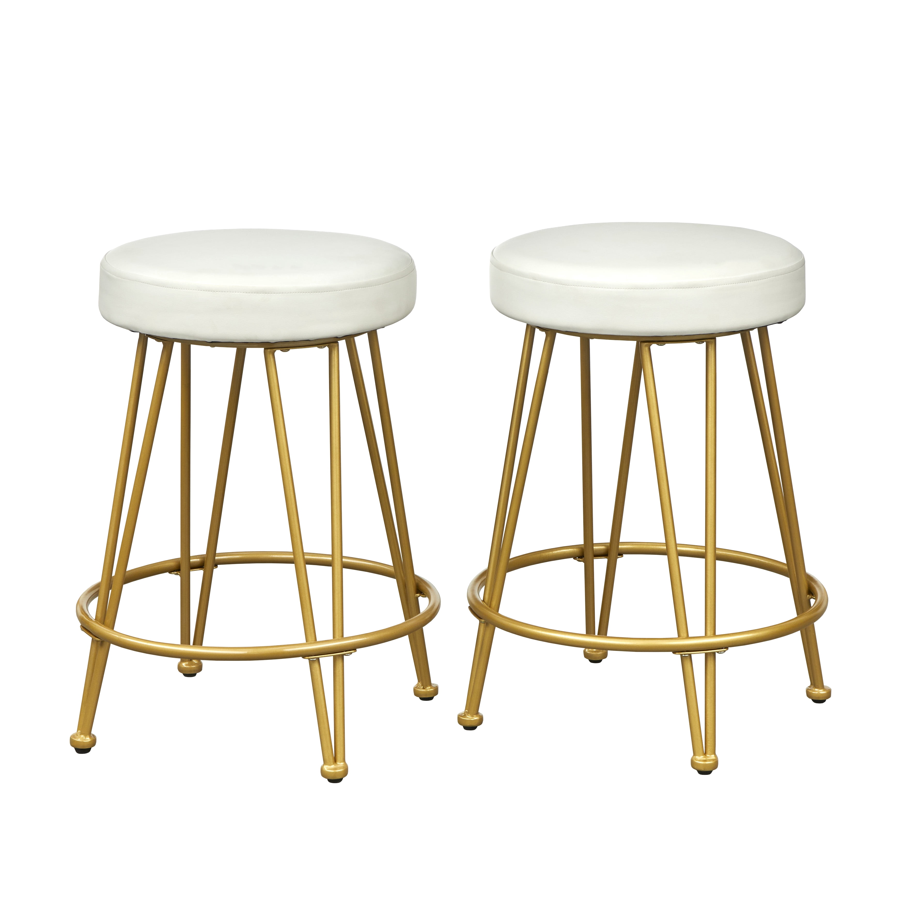 TMS Magnus Bar 24” High Backless Counter Stool, Set of 2, White Faux Leather Seat/Gold Metal Frame
