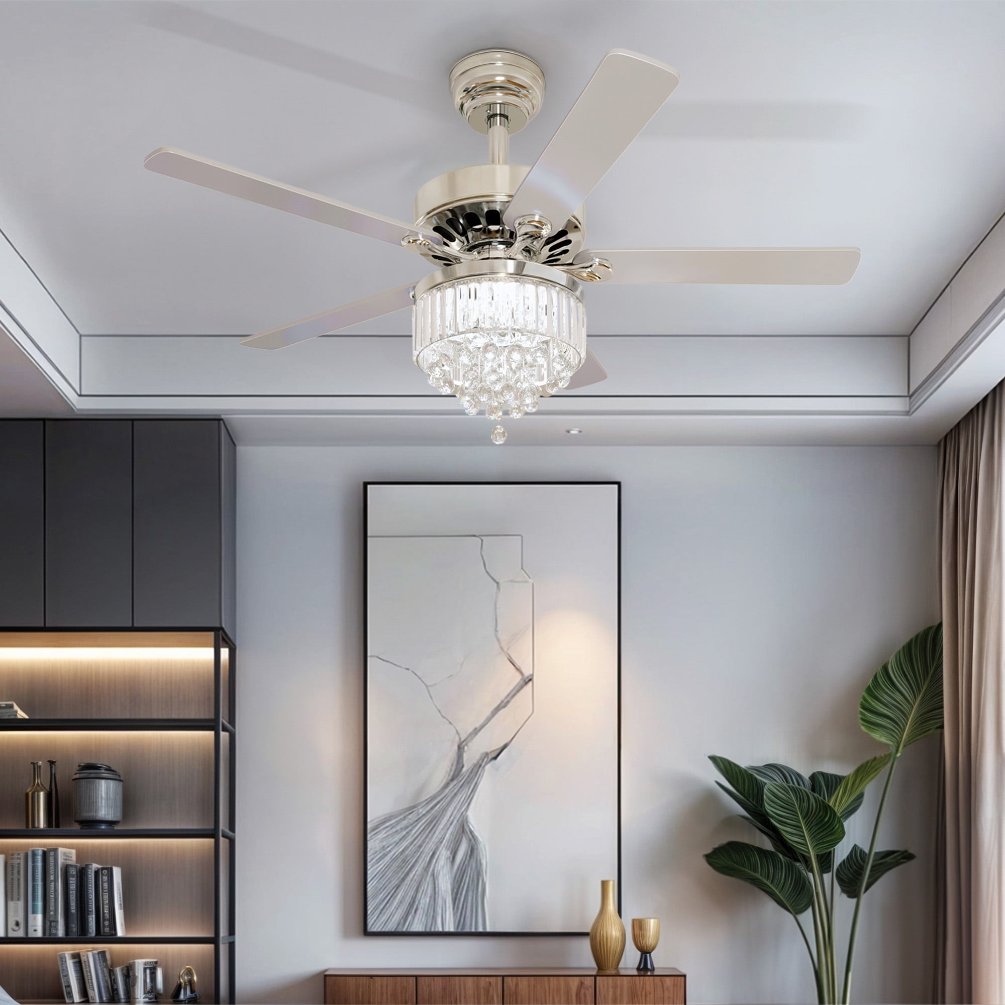 Uforic 52" Crystal Ceiling Fan with light and Remote Control,5 Blades Chandelier Ceiling Fan -Chrome