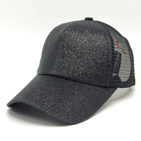 - 2018 New Fashion Women Messy High Bun Ponytail Adjustable Glitter Mesh Trucker Baseball Pony Cap - Black