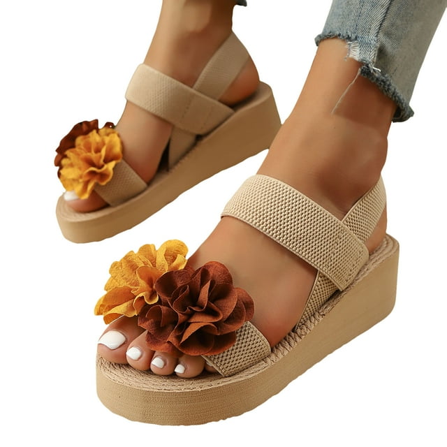 Sandales à Plateforme de Plage à Fleurs pour Femmes 2025 Bohème Vacances à Brides Compensées Slingback Robe Chaussures d'Été