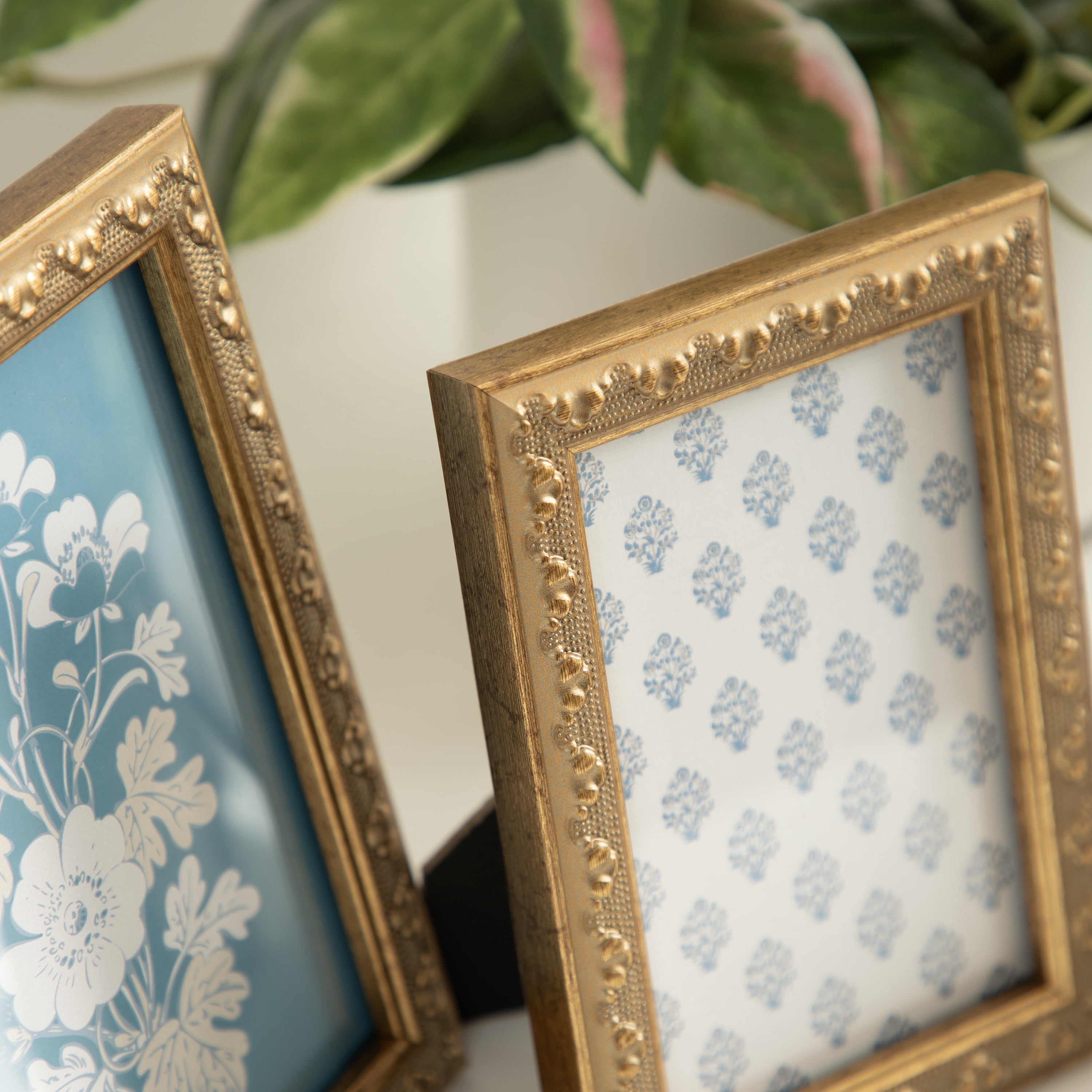 DesignOvation – 5x7 Picture Frame – Slim Ornate Antique Gold Tabletop Photo Frame