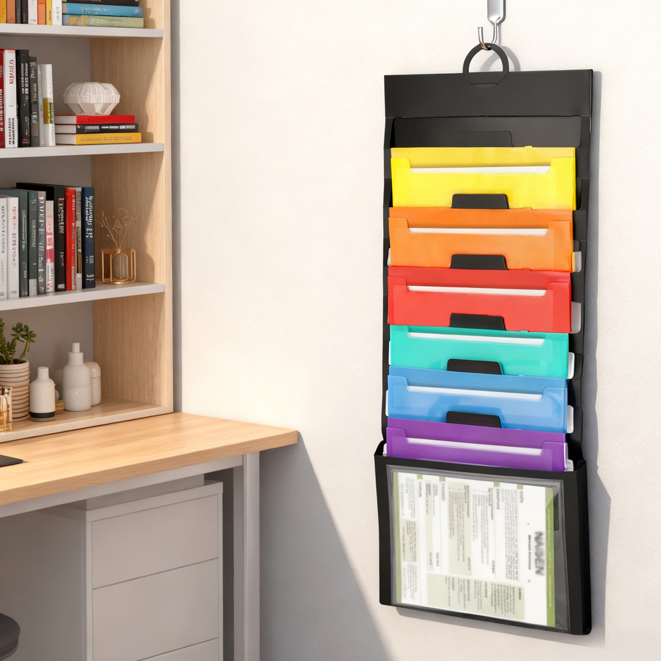 Wall File Organizer, EEEkit 7 Pocket Hanging File Folders, File Holder Organizer for Papers and Folders, Office and Home Use, Black with Assorted Fashion Color Folders