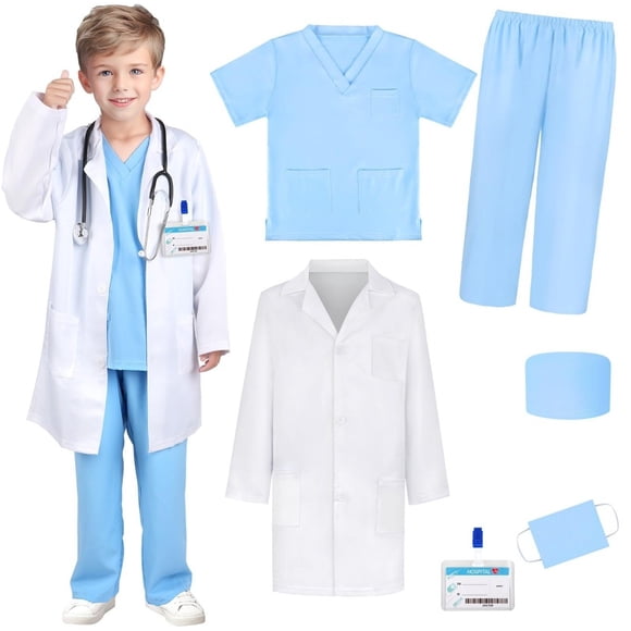 Doctor Costume for Kids, Nurse Scrub Set Doctor Coat with Accessories, Doctor Dress Up Cosplay Outfits for Boys Girls 3-12 Years