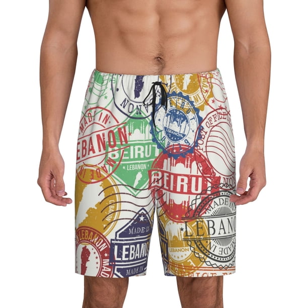 Balery Travel Stamp Pantalones cortos de pijama de punto de algodón para hombre con cinturilla y bolsillos-X-Large
