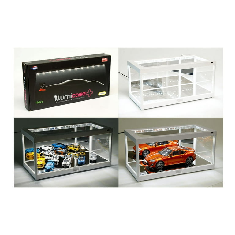 White Collectible Display Show Case Illumicase+ with LED Lights & Mirror Base & Back for 1/64 1/43 1/32 1/24 1/18 Scale Models by Illumibox MJ7710 MW