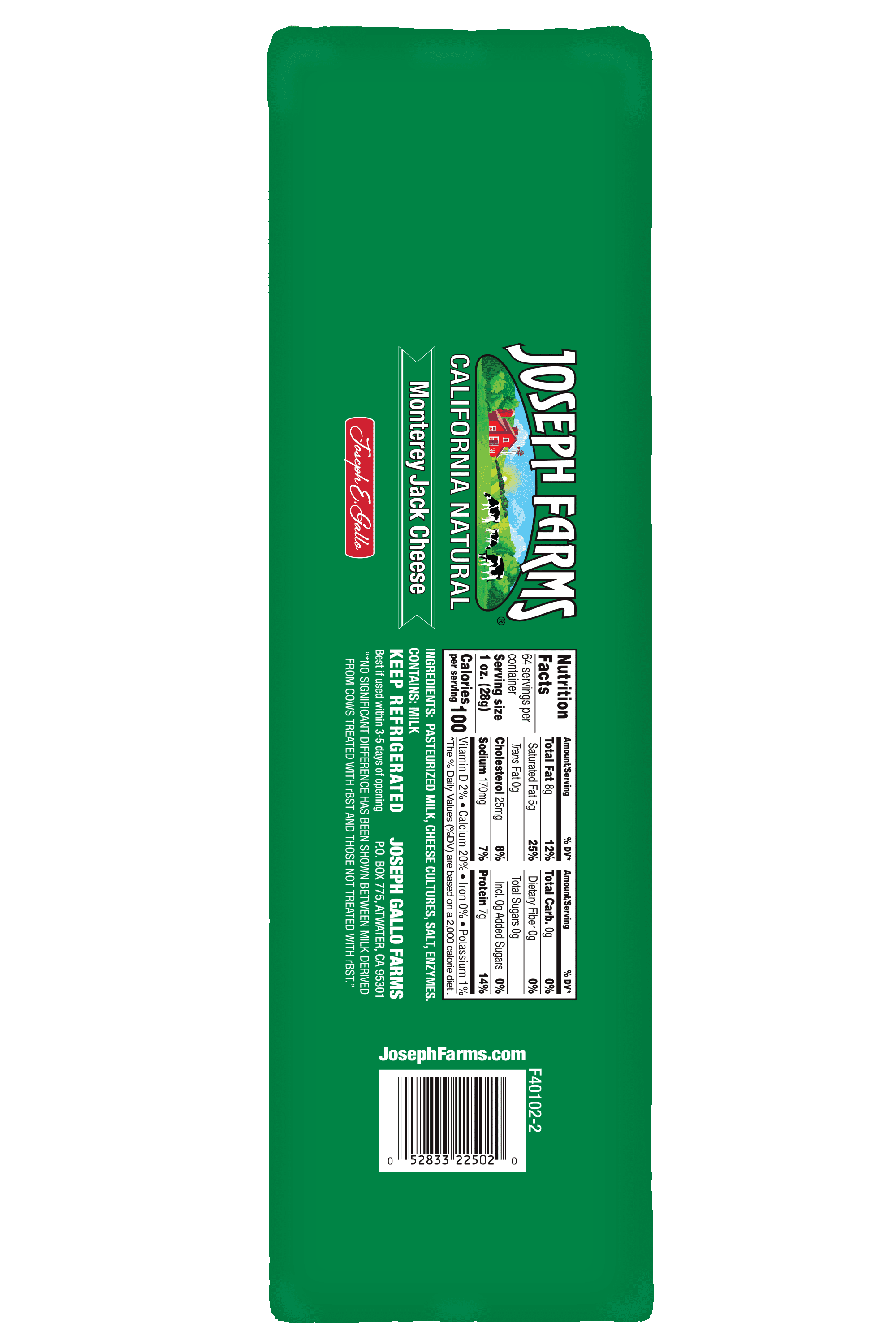 Joseph Farms California Natural Monterey Jack Cheese Loaf, 4 lb, 1 Count – Natural Cheese for Slicing, Shredding, and Melting