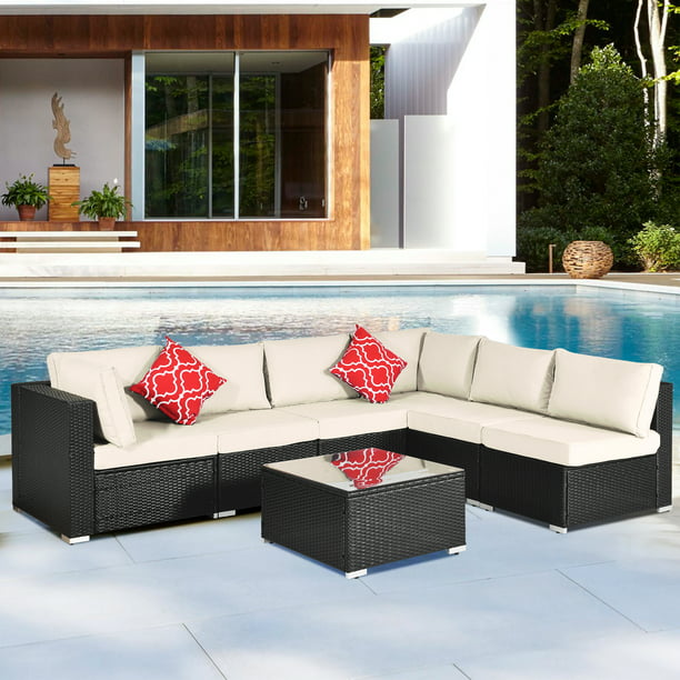 Clearance 7 Piece Patio Sectional Sofa Set 6 Rattan Wicker Chairs With Glass Dining Table All Weather Outdoor Conversation Cushions For Backyard Porch Garden Poolside L4497 Com - Patio Furniture Sectional Clearance