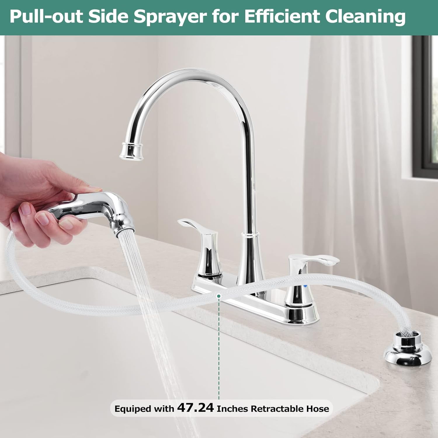 PARLOS 8 inch Two Handles High Arch Kitchen Sink Faucet with Side Sprayer & Supply Lines, Chrome