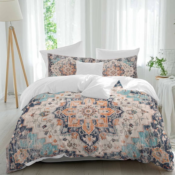 3 Piece Orange Blue Duvet Cover Set Queen Size,Microfiber Comforter/Quilt Cover with Corner Ties and 2 Pillowcases,Boho Geometric Middle Century Abstract Western Soft Bedding with Zipper Closure