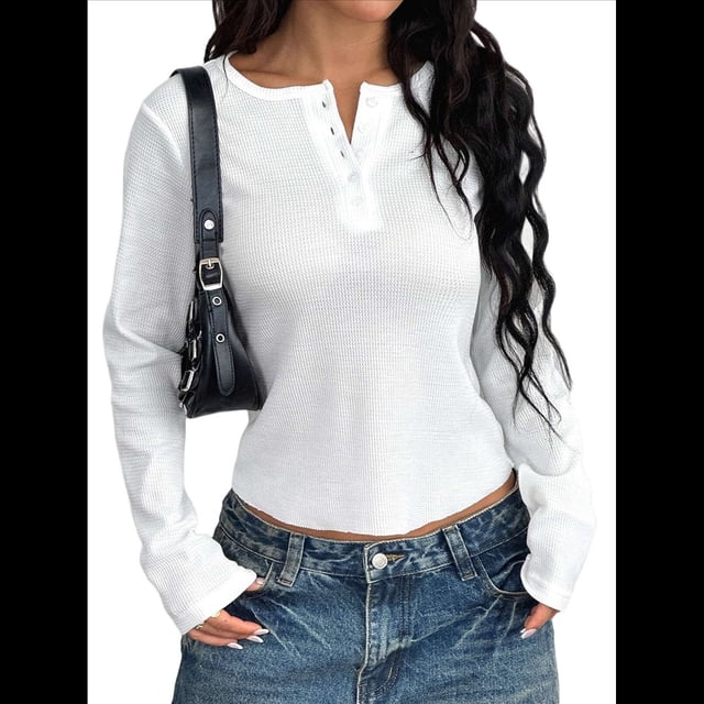 Camisas de Otoño para Mujer, de Cuello Redondo, Abotonadas, Corte Entallado, de Punto Acanalado, Color Liso, Informales, de Larga, 2025 Crema XL