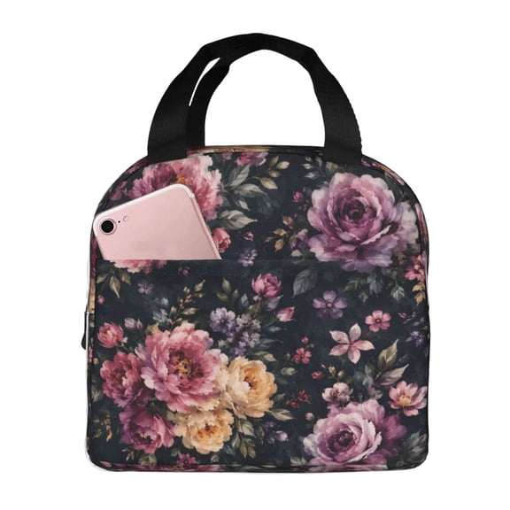 Dark Floral Peony Lunch Bag Reusable Thermal Lunch Box with Handle for Women and Men