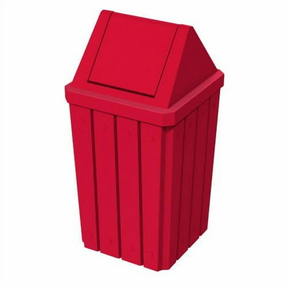 Sturdy Essentials 32 Gallon Square Slated 100% Recycled Plastic Heavy Duty Outdoor Trash Can with Swing Top Lid - Red