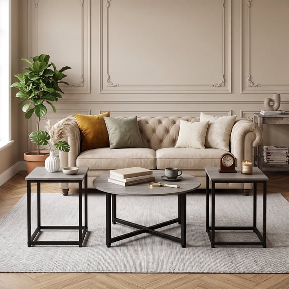 3-Piece Coffee Table Set with Metal Legs, Round Coffee Table and 2PCS Square End Tables for Living Room, Gray