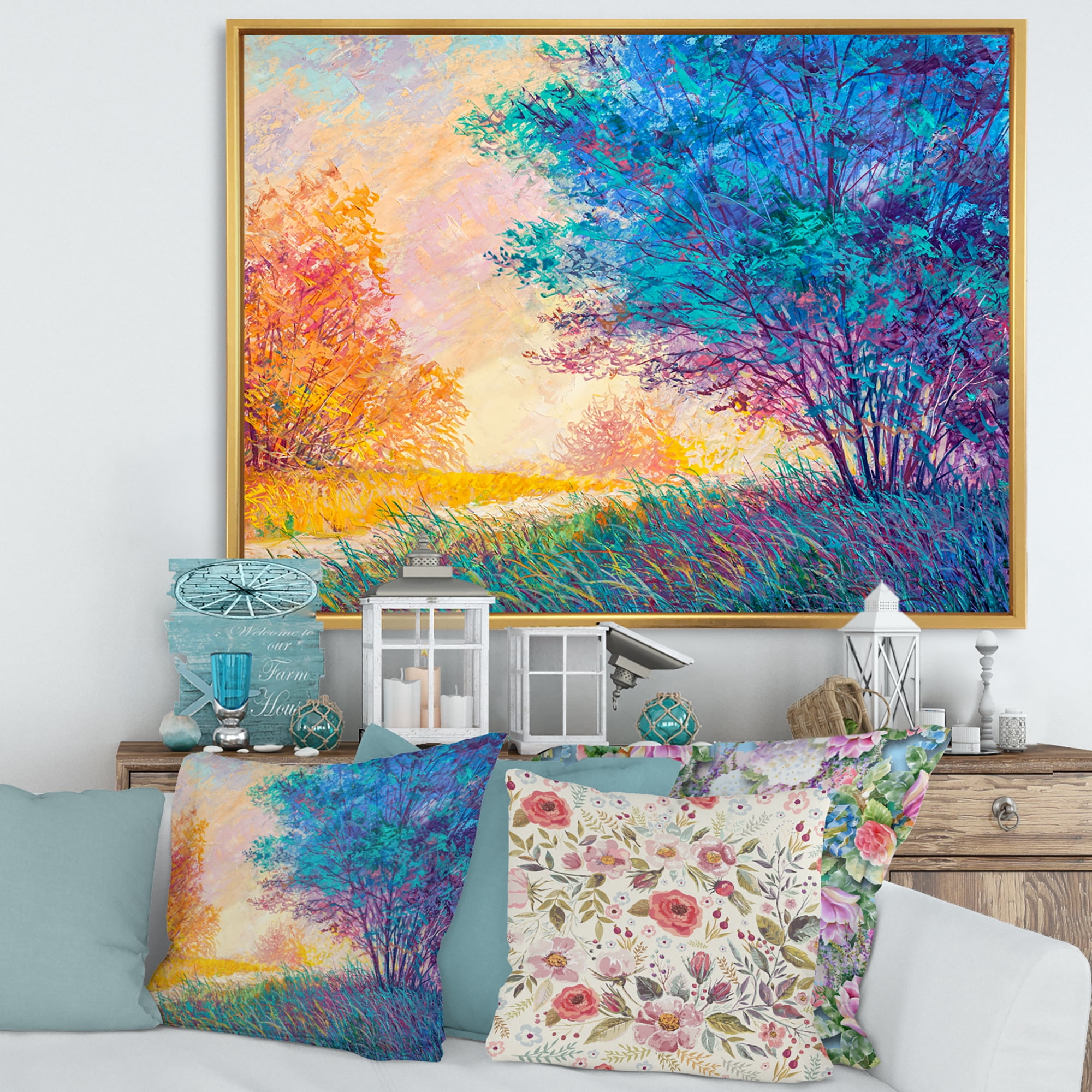 Designart 'Sunset In Autumnal Forest Landscape' Traditional Framed Canvas Wall Art Print