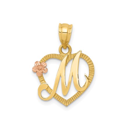 14k Two-Tone Gold Heart Necklace with Script M Initial and Rose Accent for Women, Christian Symbolic Pendant, Elegant Personalized Jewelry for Everyday or Special Occasion Wear