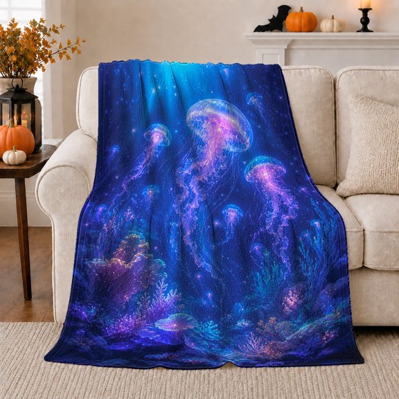 Celestial Dreamscape Deep Sea Jellyfish, Mystical Coastal Landscape Scene, Warm Flannel Blanket for Beach House and Living Room, Beach Lovers Housewarming Gift, Coastal Home Decor