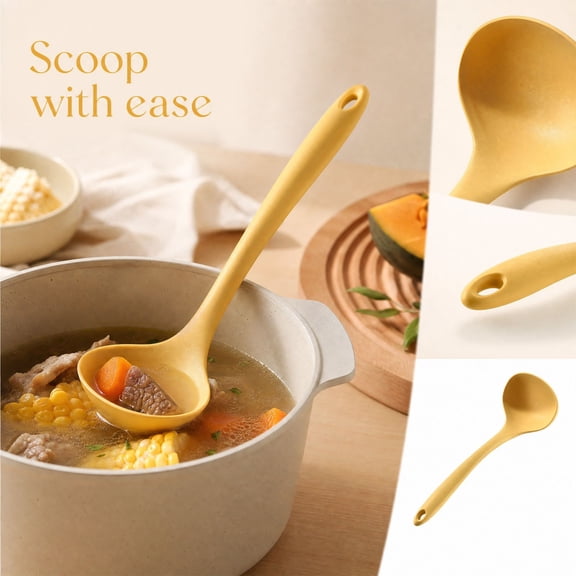 Silicone Soup Ladle, Long Handle Heat-Resistant Nonstick, Cookware Kitchen Serving Spoon Stew Cooking Tool, Yellow