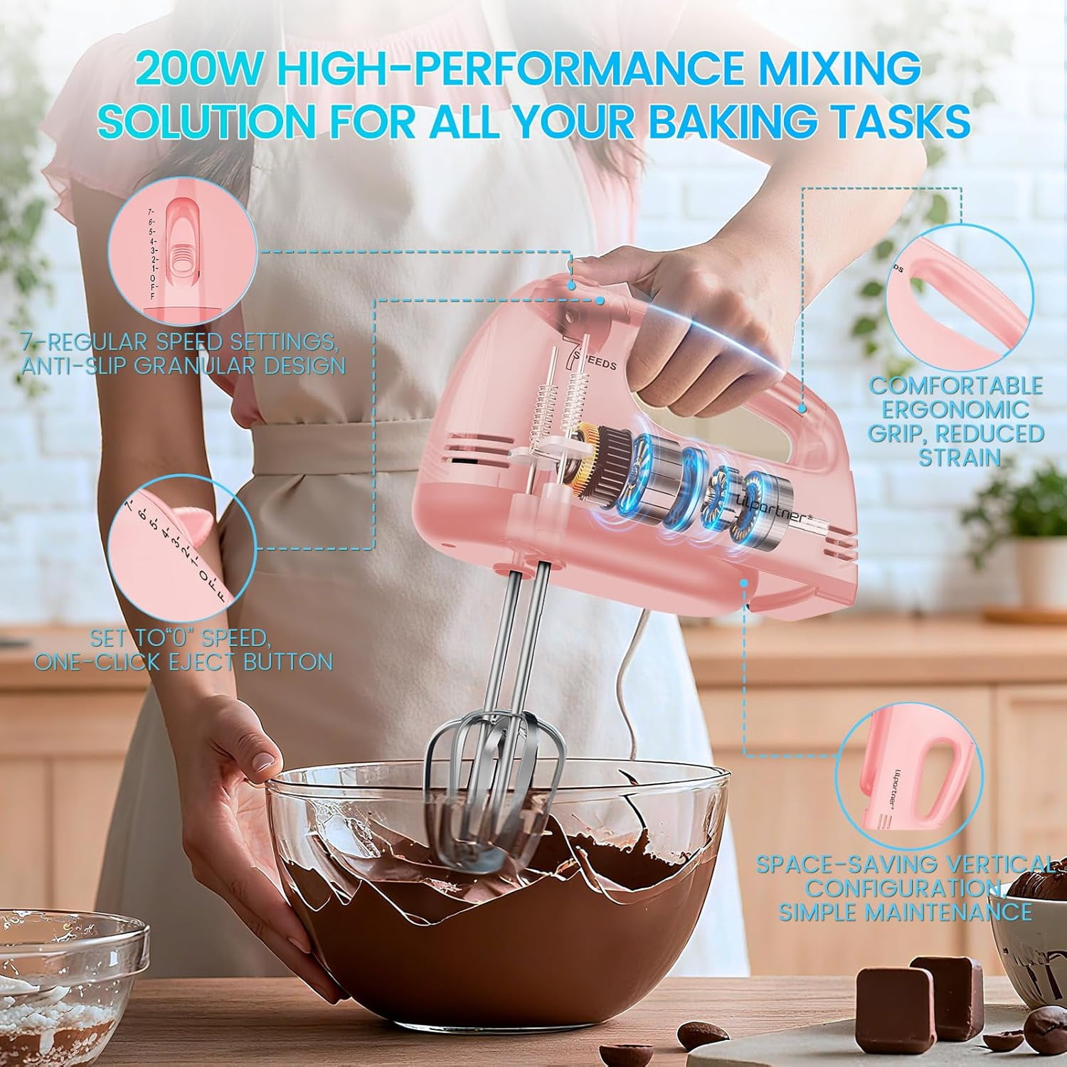 Hand Mixer Electric, Small Food 7 Speeds Handheld Blender, 304 *(2* Beater, 2*Dough Hook) Kitchen Blender for Cream, Cookies, Dishwasher Safe