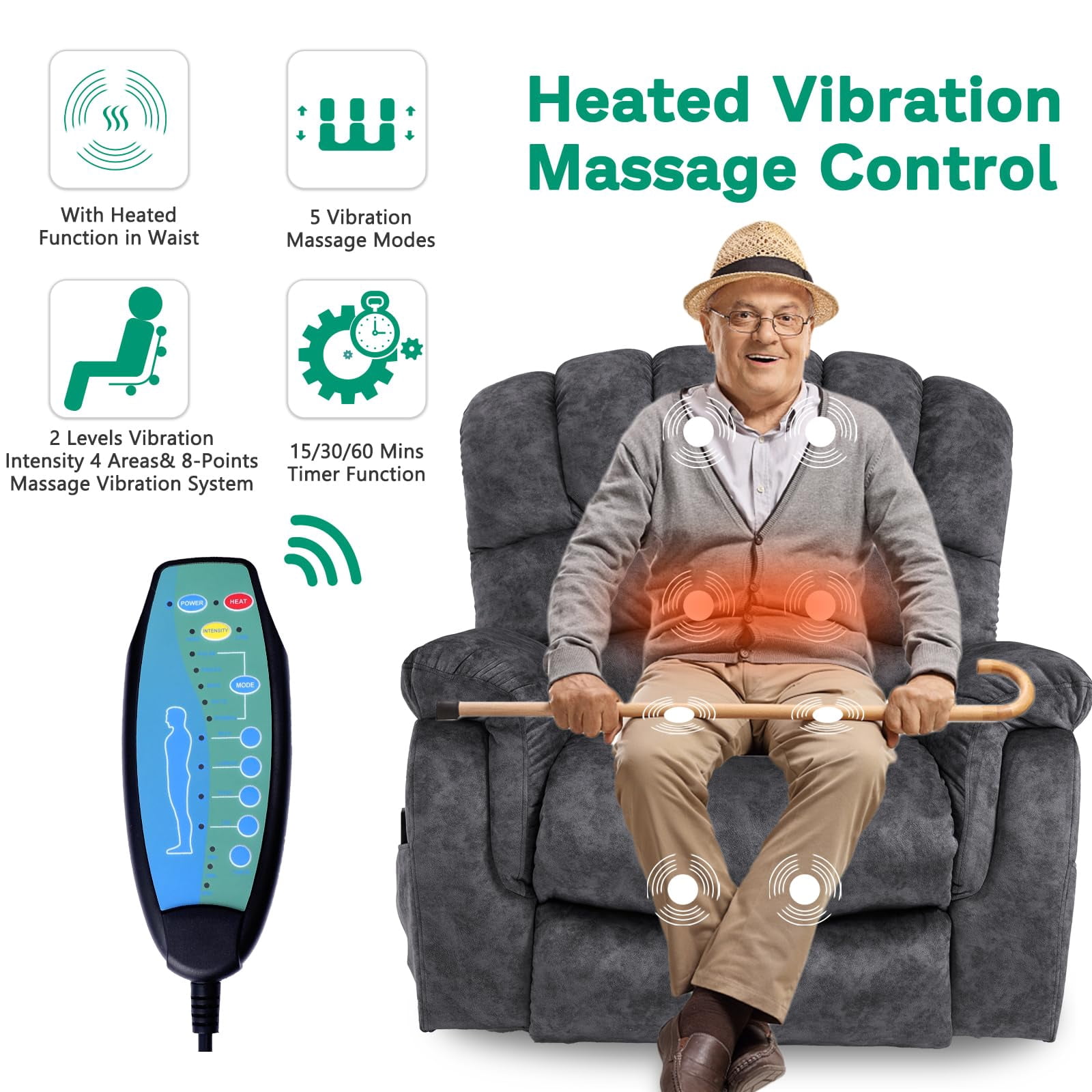 VIVIJASON Large Power Lift Recliner Chair with Heat & Massage for Elderly Big People, Overstuffed Wide Electric Lift Chair with Extended Footrest, 2 Remote Controls, Side Pockets & USB Ports, Gray