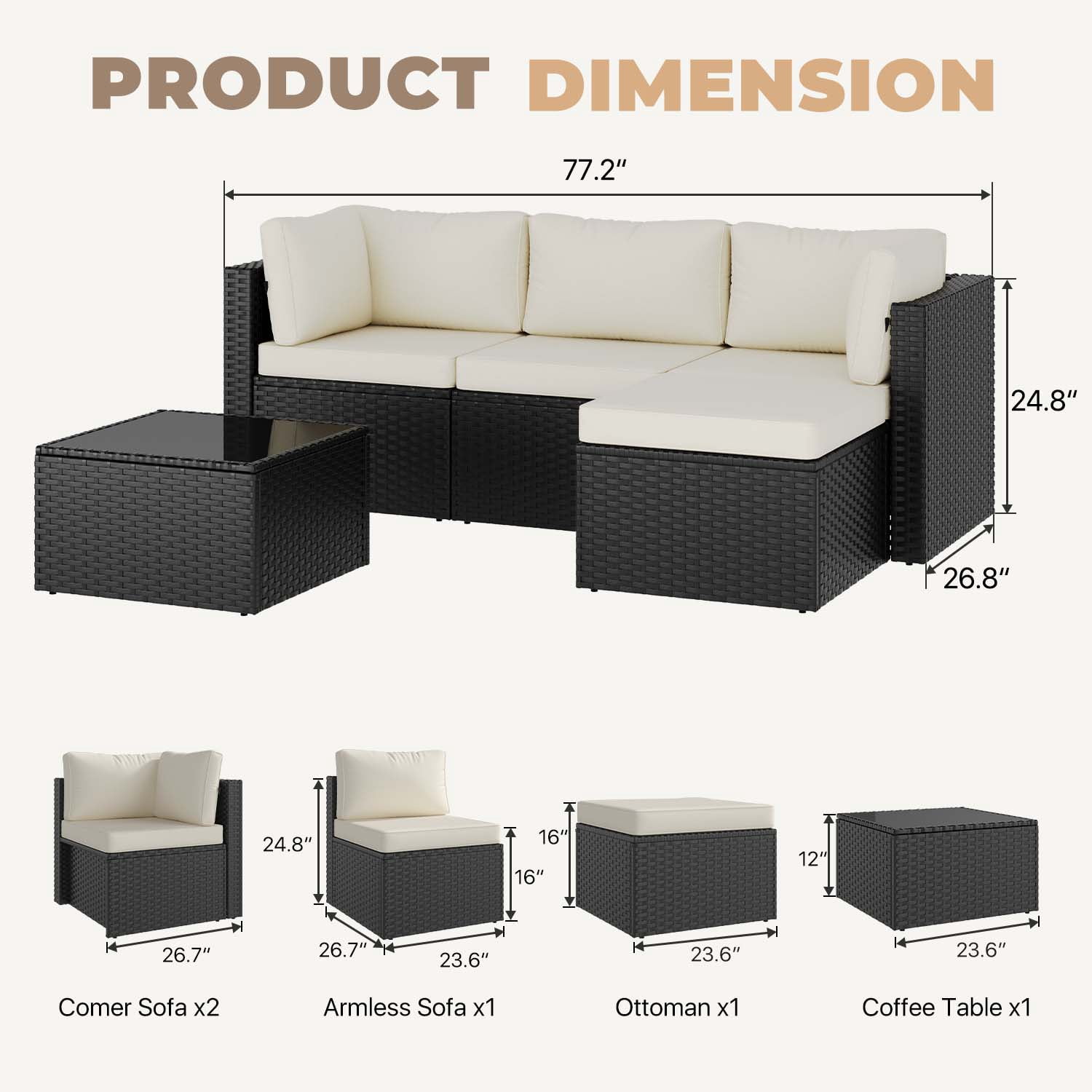BaPiPro Modular Outdoor Wicker Patio Furniture Set with Tempered Glass Coffee Table & Removable All-Weather Cushions for Backyard, Poolside & Balcony Beige