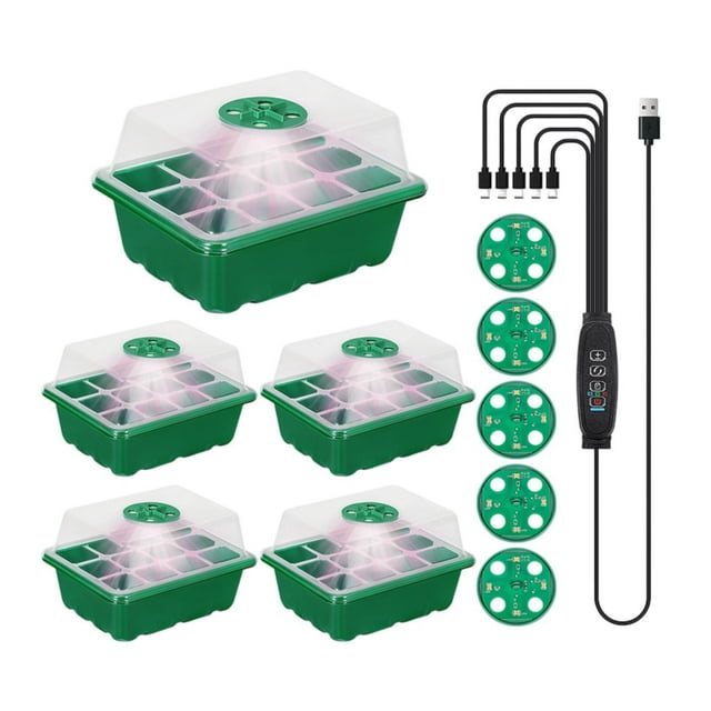 5 set de la bandeja de arranque de semillas con luz de con temporizador, bandeja de vivería suministros de jardinería premium, bandejas de brotes de plántulas atenuadas Verde