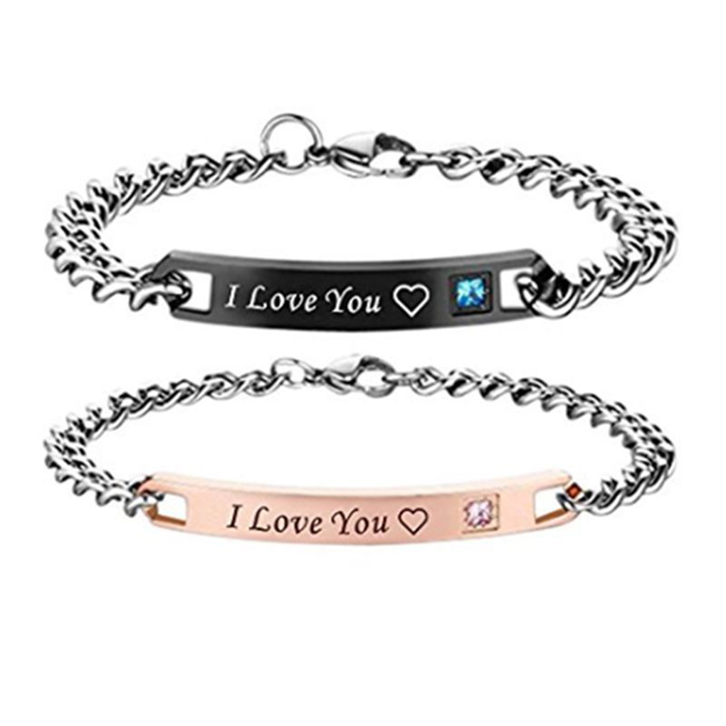 Romantic Stainless Steel Couple Lover Bracelets Lettering Gem Bracelet