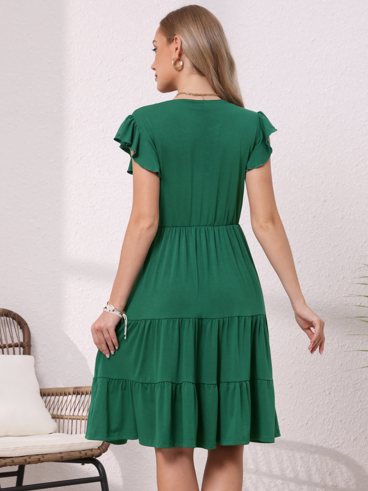 DARING DIVA Women's V Neck Ruffle Sleeve A-Line Flowy Tiered Design Dress 2XL Dark Green