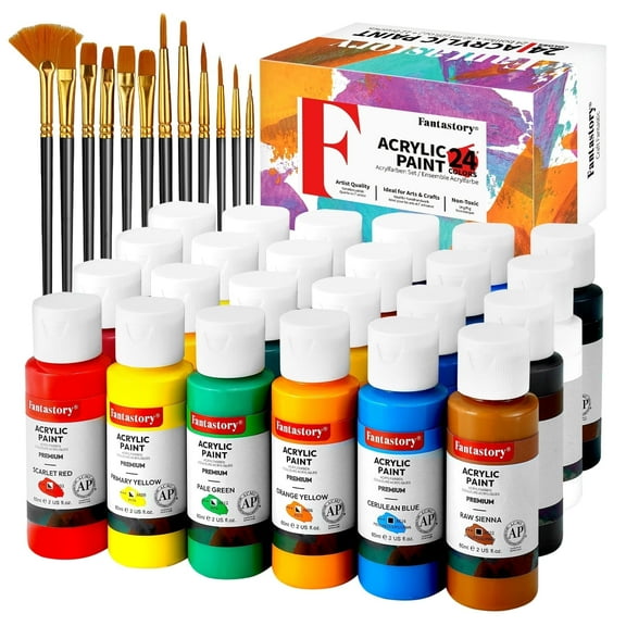 Fantastory Acrylic Paint Set, 2oz 24 Colors Acrylic Craft Paint with 12 Brushes