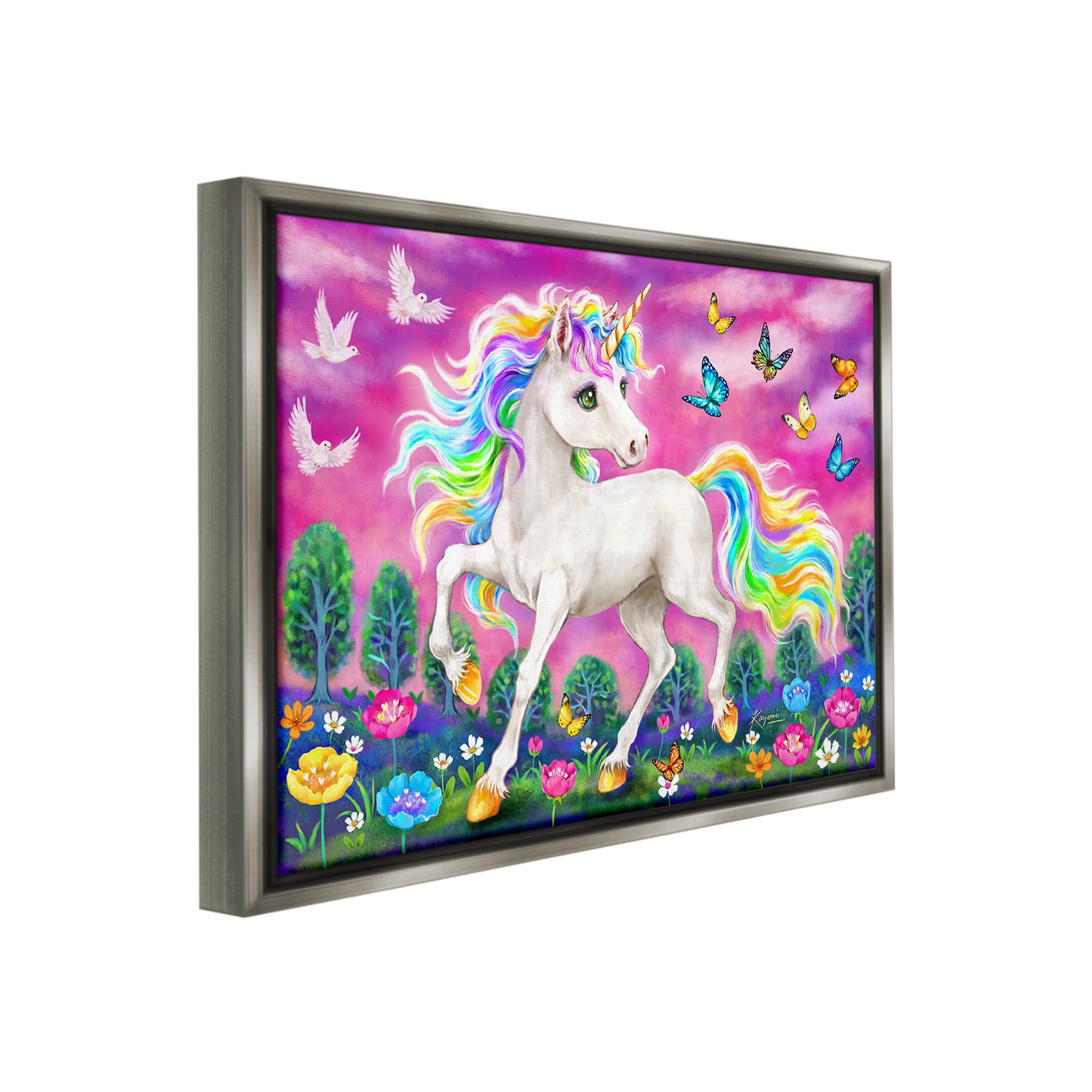 Stupell Industries Unicorn in Meadow Fairy Tales & Fantasy Painting Gray Floater Framed Canvas Art Print Wall Art, 21 x 17