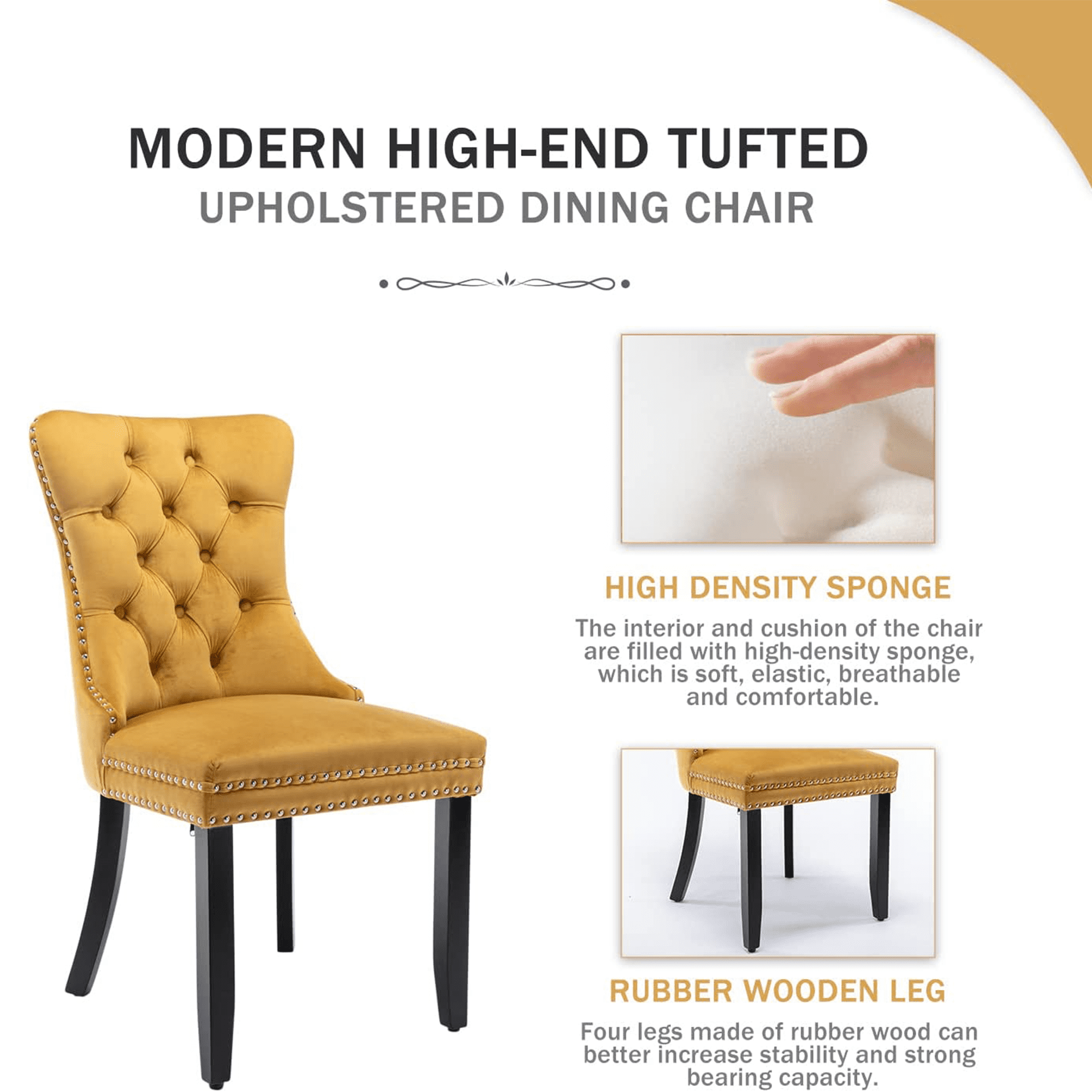 LegaHome Dining Chairs Set of 2, Velvet Upholstered Dining Chair with Nailhead Trim&Solid Wood Legs, Button Padded Dining Chairs Set for Kitchen Dining Room Living Room, Glod