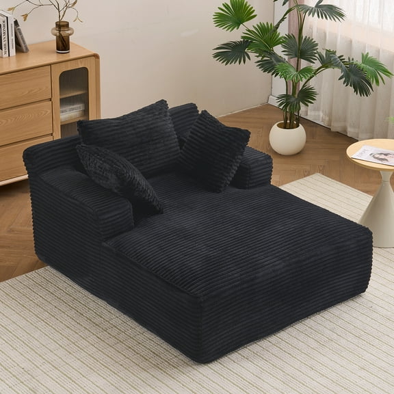 ATMILD 66''x48'' Chaise Longue Chair Indoor Modern Upholstered Corduroy Deep Seat Sofa Bed with Throw Pillows and Armrests No Assembly Required, Black