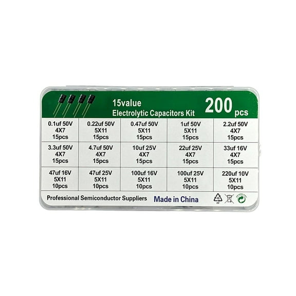 200pcs 15 Values 0.1uF to 220uF 10V/16V/25V/50V Aluminum Radial Electrolytic Capacitor Kit