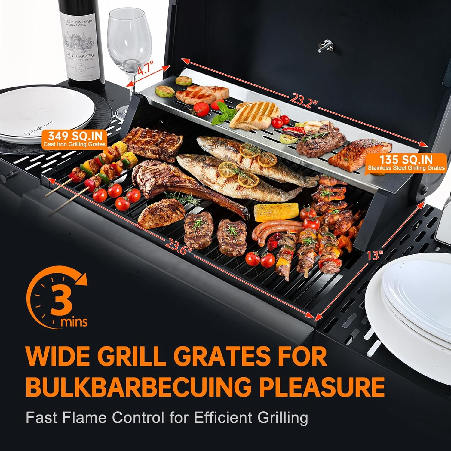 4 Burner Grill Propane Gas Grill, Outdoor Stainless Steel 37230 BTU Patio Garden BBQ Grill with Lid, Wheels for RV Camping Barbecue