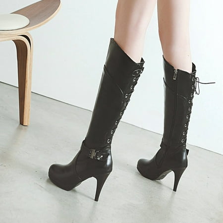 

Tejiojio Fall Clearance Women s Winter Belt Buckle Side Zipper Warm Waterproof Platform Super High Heel Strap High Boots