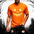 thumbnail image 2 of Mens Halloween Jack O'Lantern Pumpkin Face Print Crew Neck Short Sleeve T-Shirt, Soft Casual Holiday Graphic Tee for Halloween Party Daily Outdoor Wear(Orange,S), 2 of 5